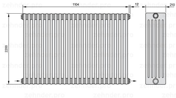 Схема (чертеж) Радиатор Zehnder Charleston 6220/24 №2670 Белый глянцевый RAL 9016